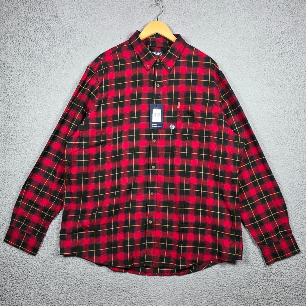 Chaps Shirt Mens Size 2XL Red Black Plaid Tartan Flannel 100% Cotton Performance